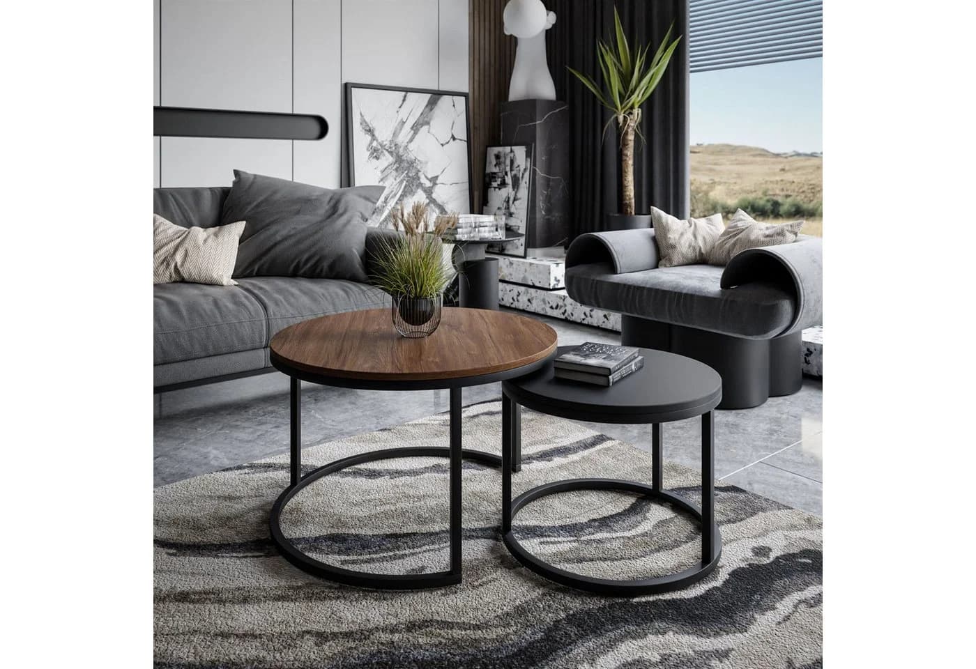 Lookway CIRI MIX 2in1 Couchtisch Set Rund Stirling Eiche/Schwarz