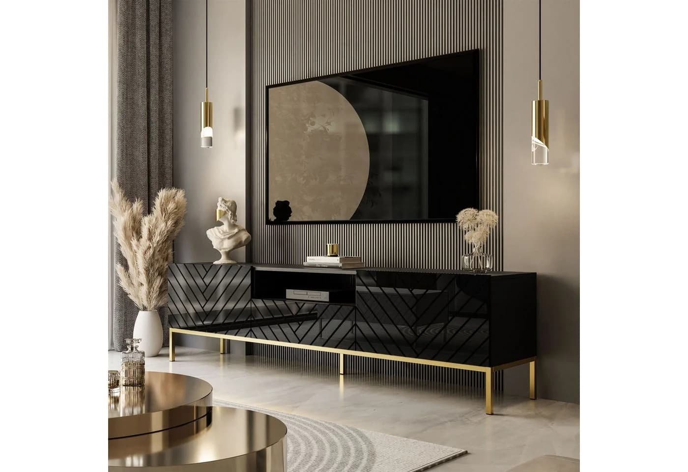 Lookway TV-Schrank SANTILE Hochglanz Schwarz mit goldenen Beinen