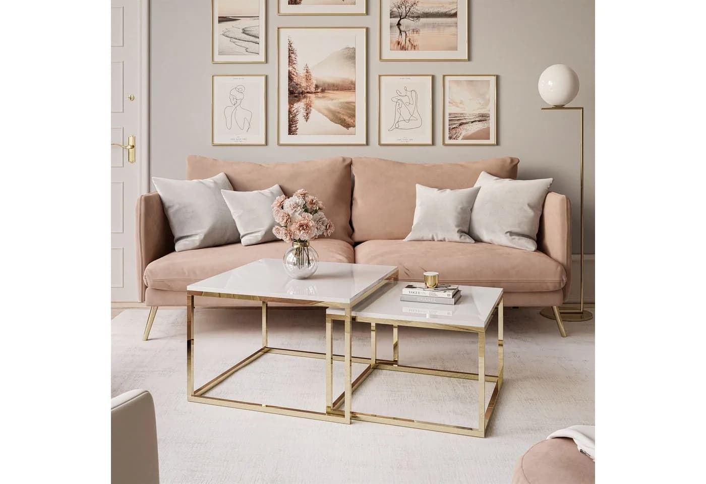 Lookway Couchtisch YOSHI 2in1 Set Weiß/Gold Hochglanz