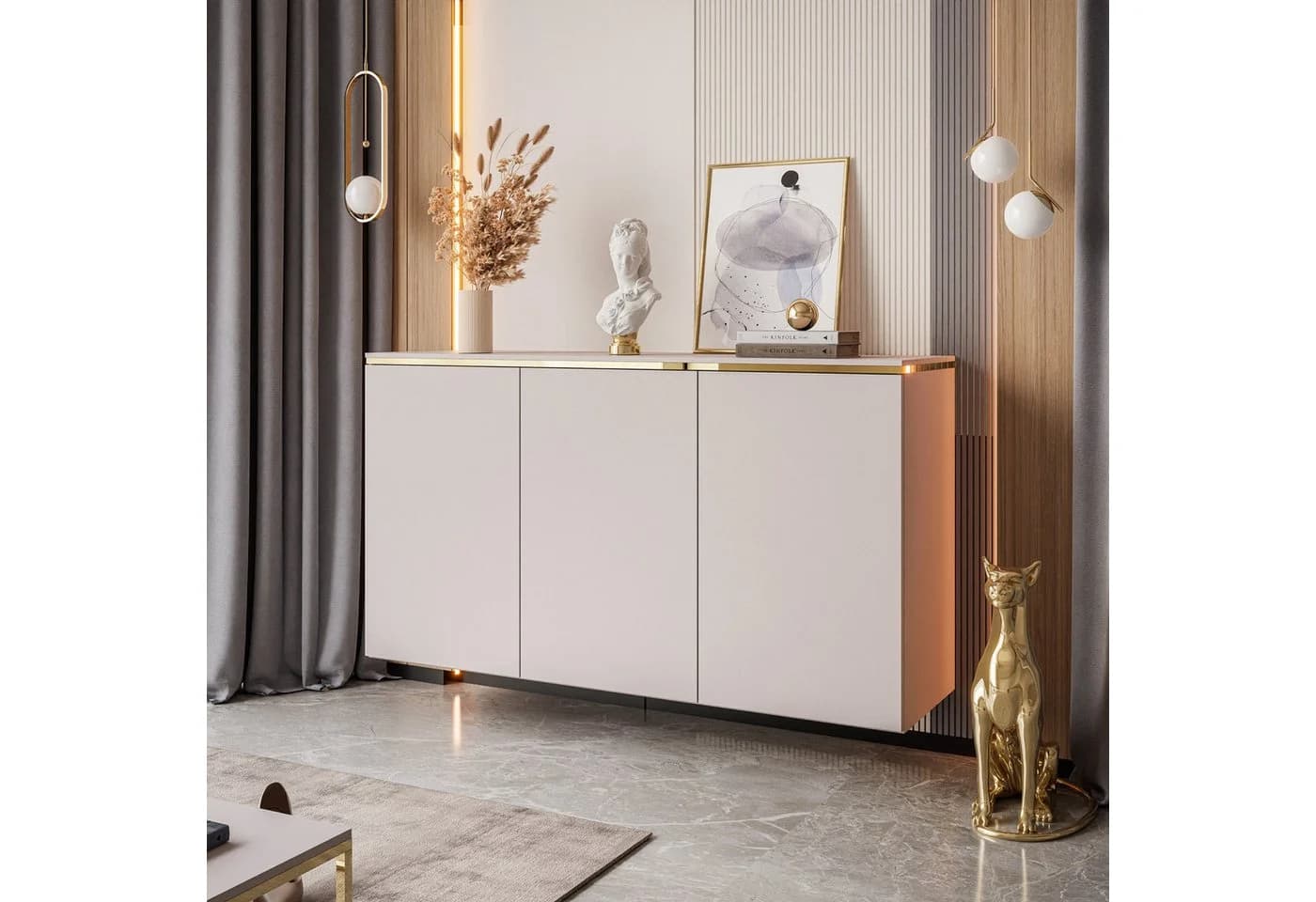 Lookway Kommode AURORA II Kaschmir Dreitürig mit Goldakzent