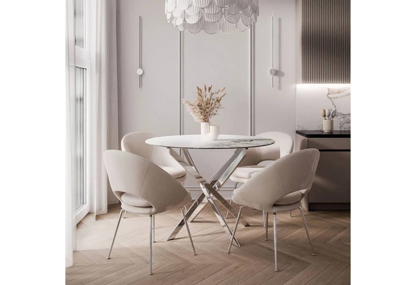 Lookway Esstisch BEIRA II Runder Tisch Keramik Weiss Silber Modern