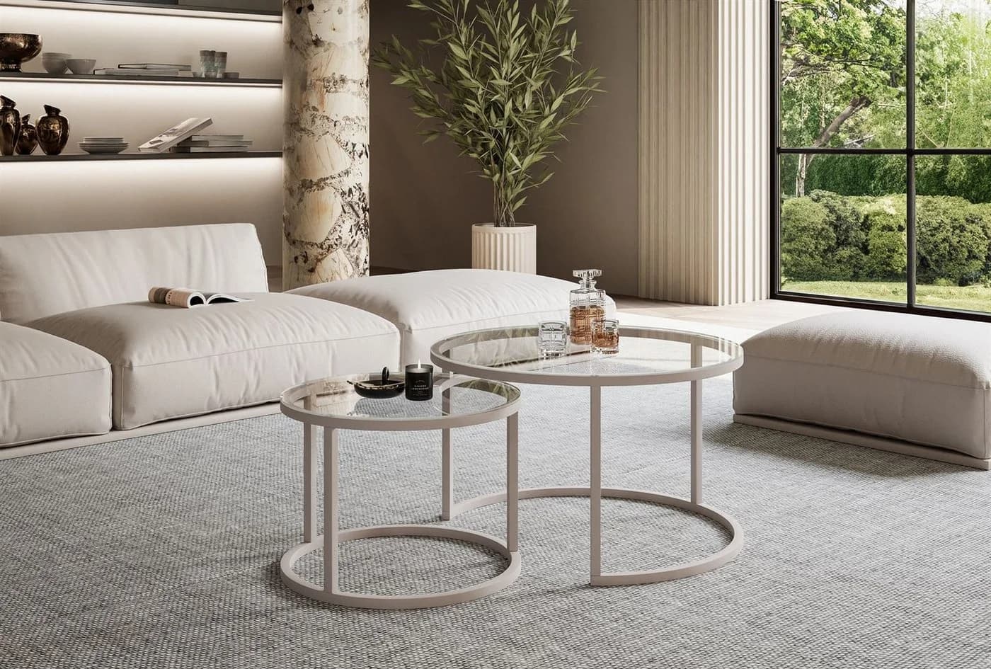 Lookway Couchtisch CIRI 2in1 Glas Set Modern Silber Transparent