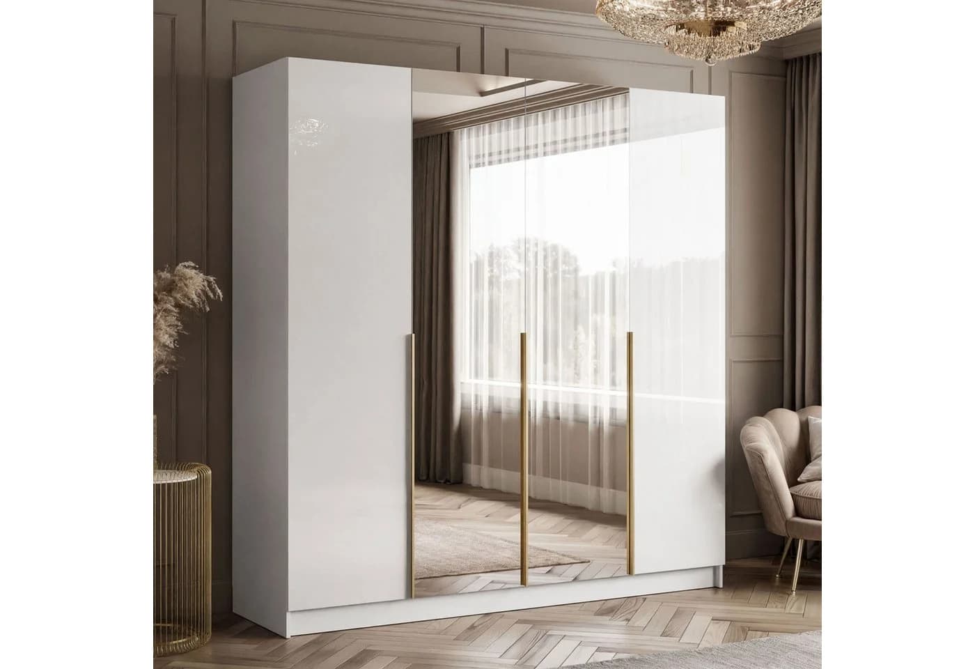 Lookway Kleiderschrank AUREL 4D Weiß Hochglanz mit Spiegel