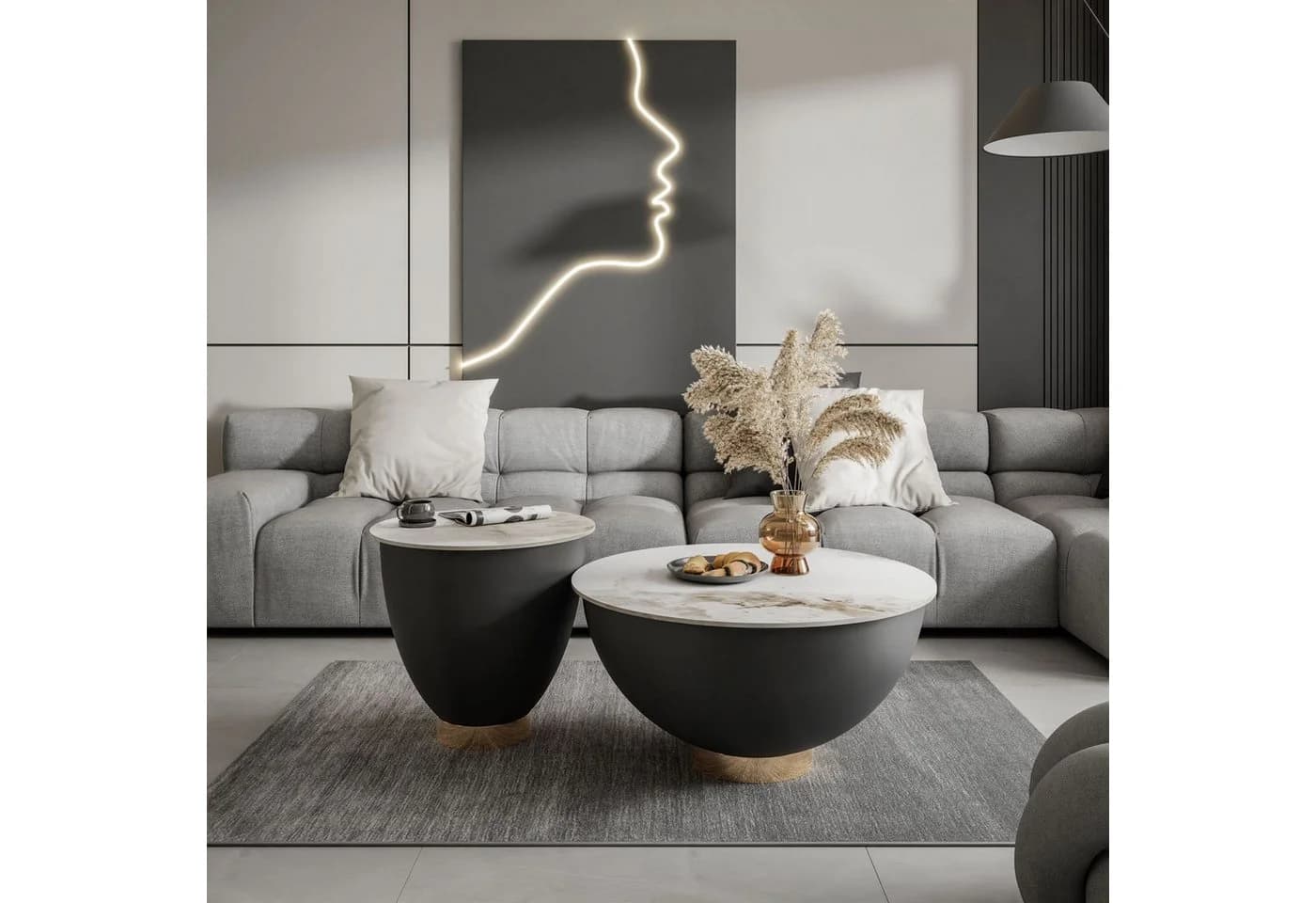 Lookway Couchtisch ESTELLE 2in1 Set Modern Marmoroptik Schwarz/Gold