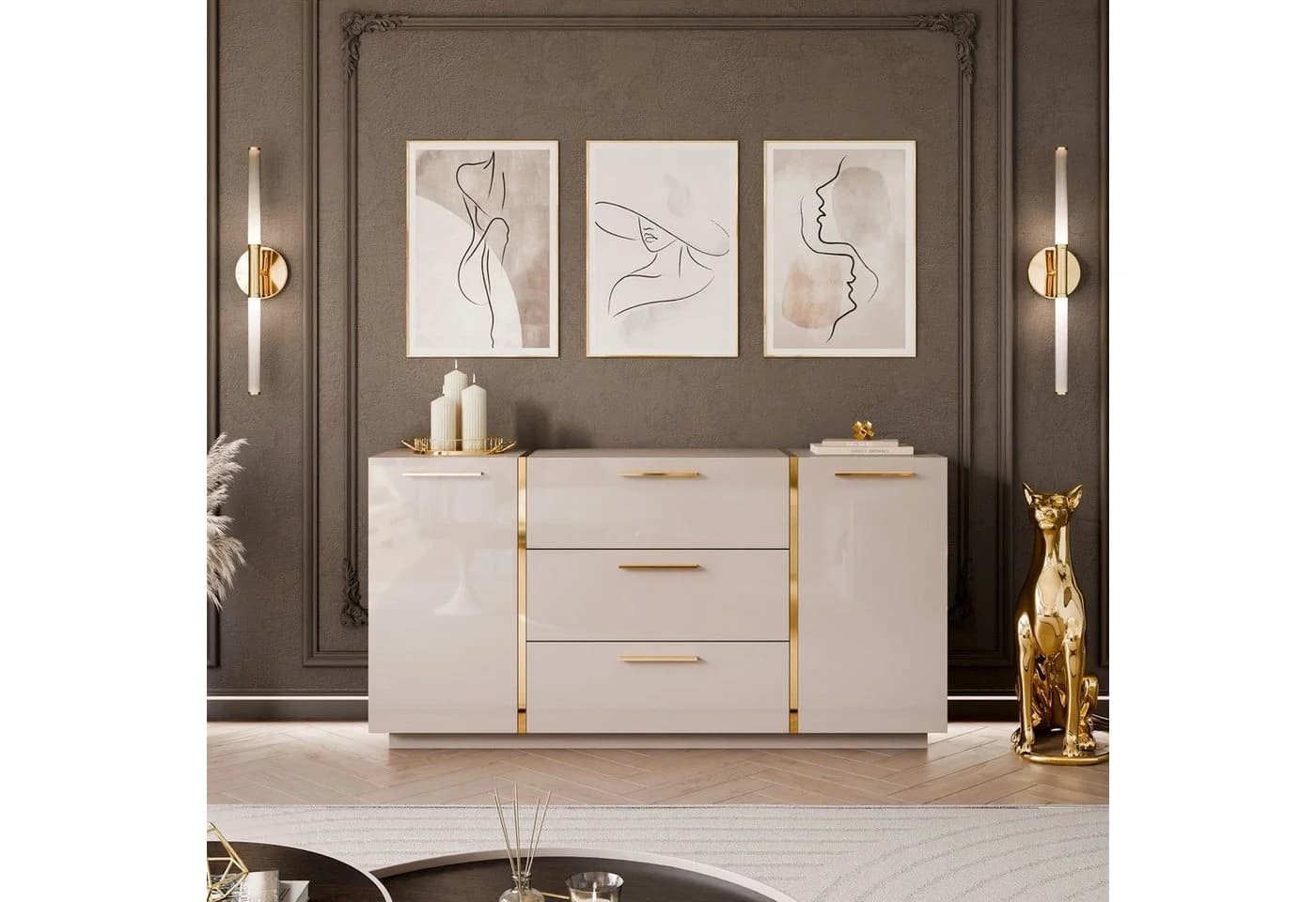 Lookway Kommode ONYX Hochglanz Weiß Gold 158 cm