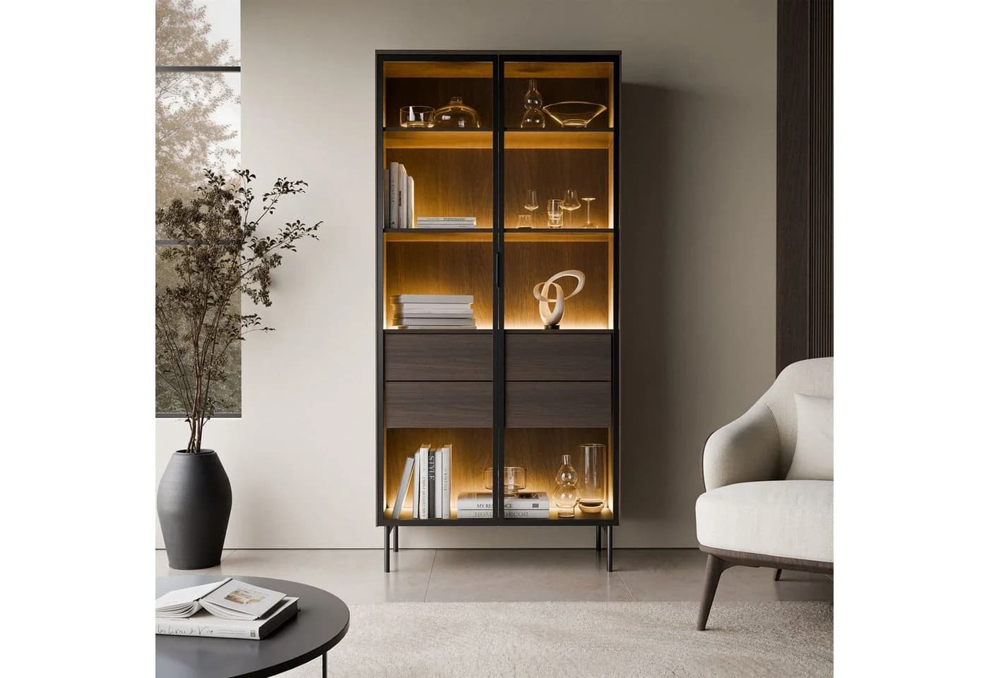 Lookway Glasvitrine LINEA LOFT mit LED-Beleuchtung und Schubladen Braun/Schwarz