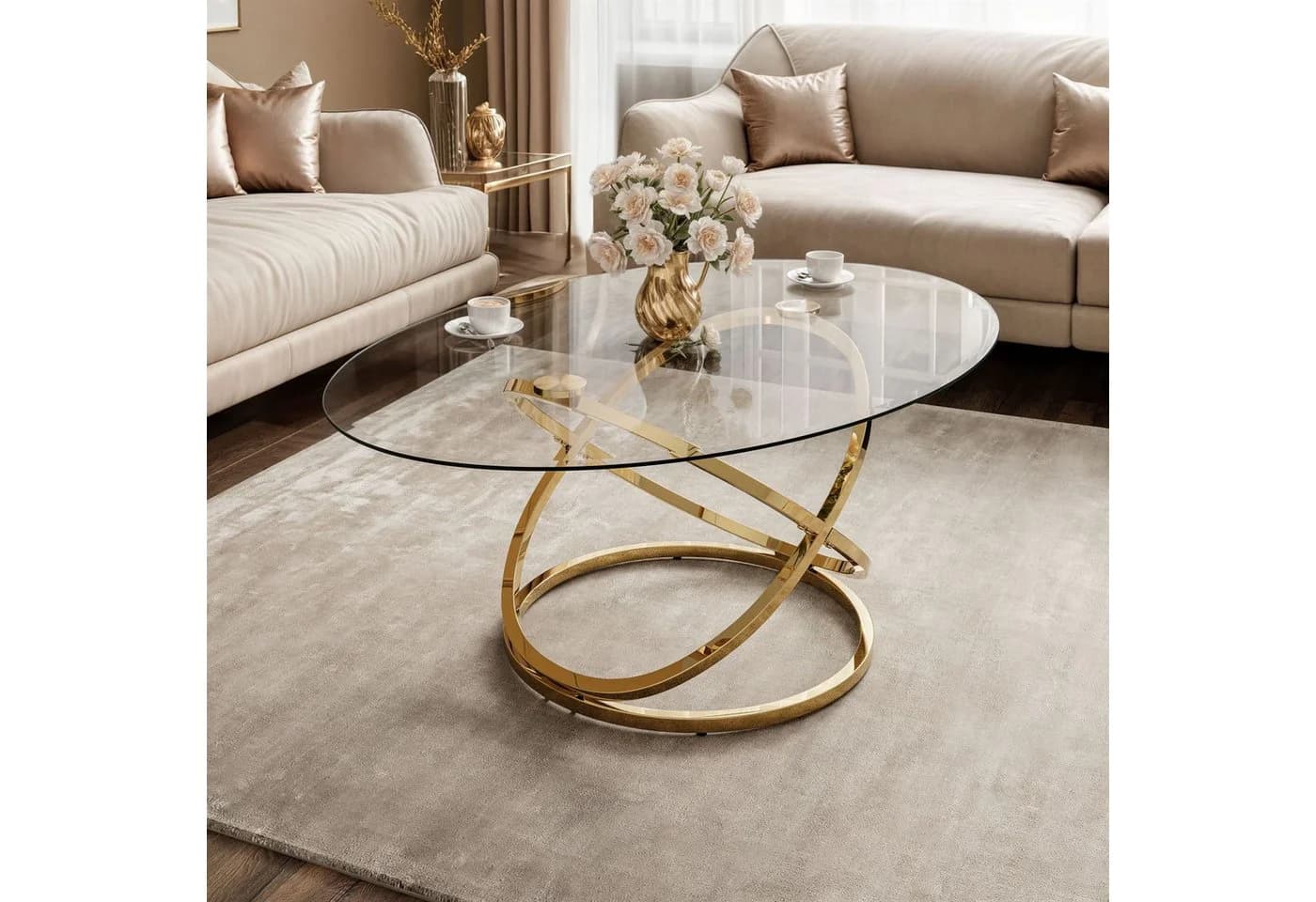 Lookway Couchtisch BELLE Sofatisch mit Glasplatte und goldener Basis