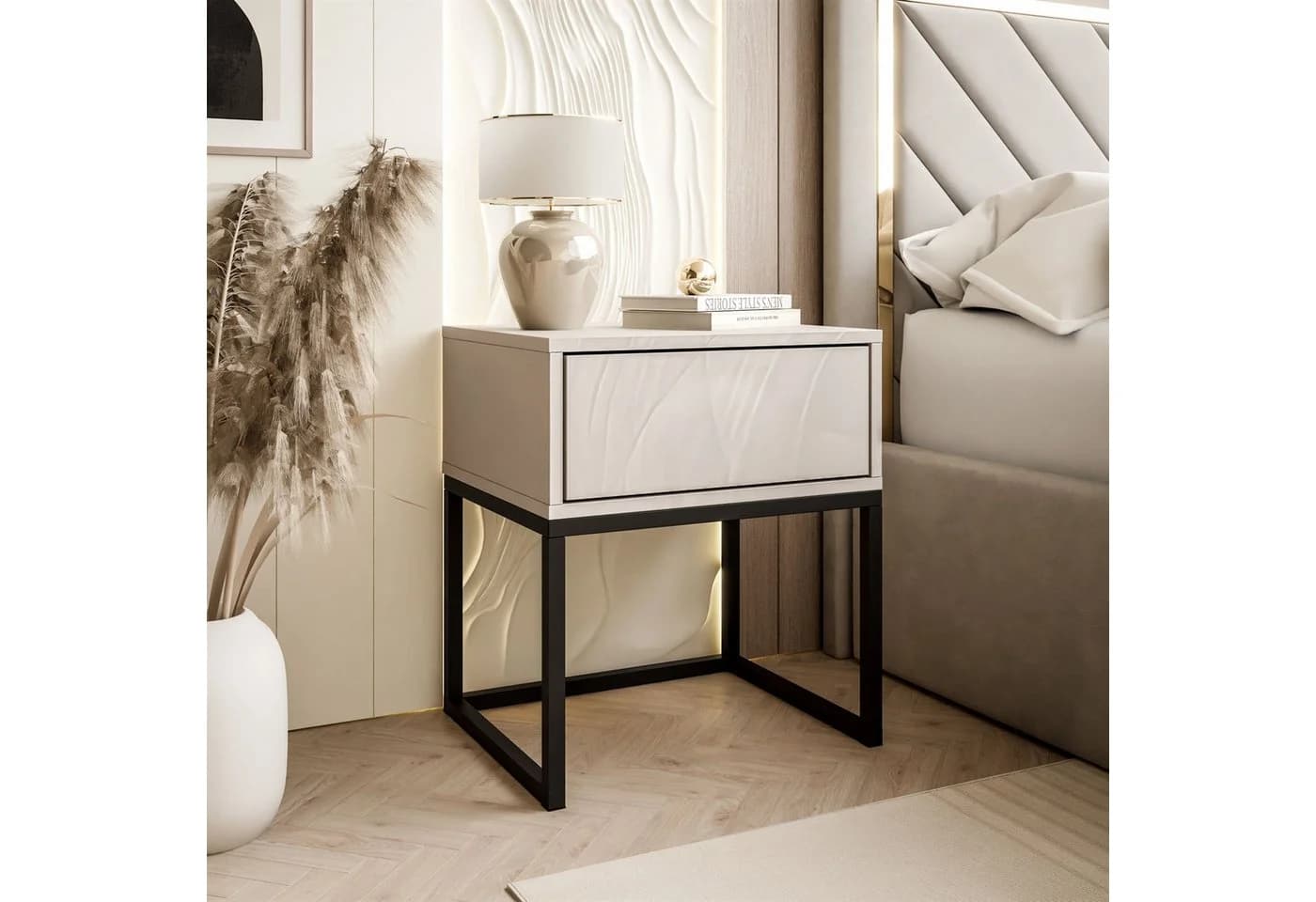 Lookway Nachttisch BLANCO Kaschmir auf Gestell – Moderner Nachtschrank fürs Schlafzimmer