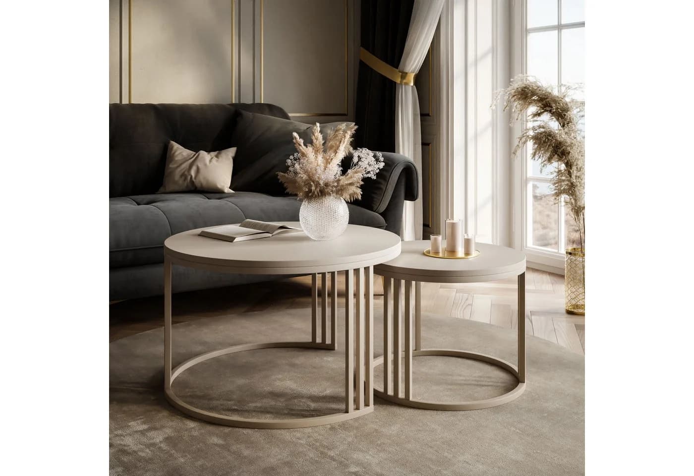 Lookway Couchtisch LORI 2in1 MATT, runder Couchtisch mit kaschmirfarbenem Gestell