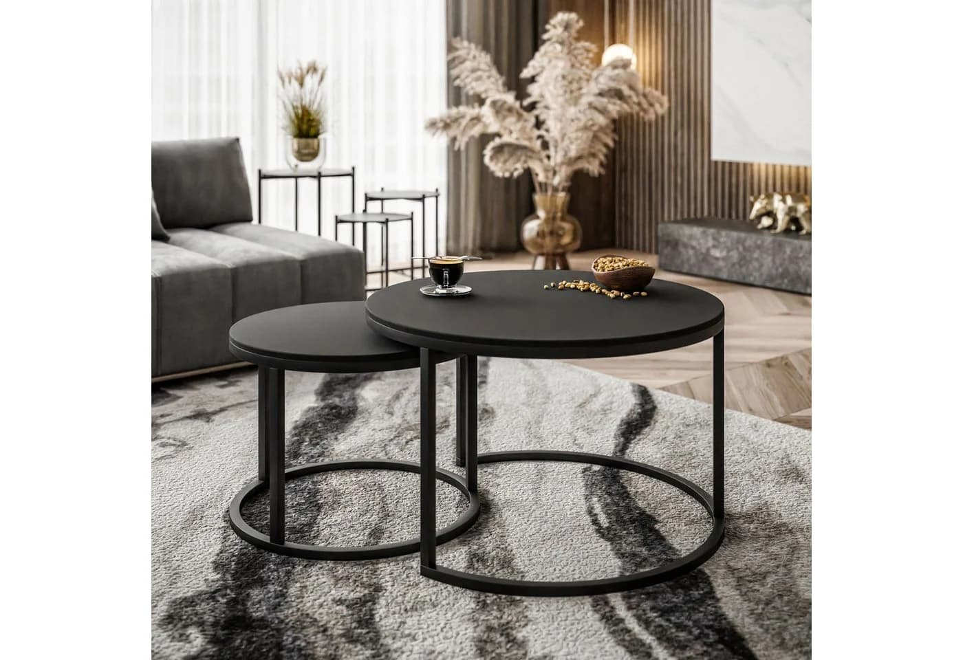 Lookway CIRI 2in1 Couchtisch Set Schwarz Matt Schichtholz Metall