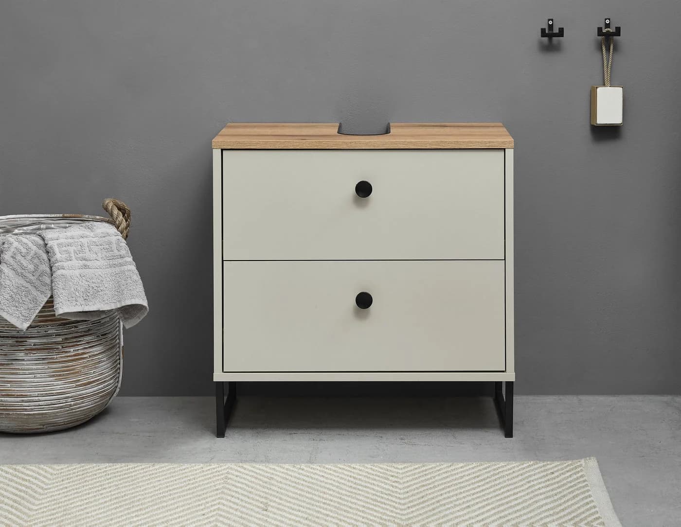 Waschbeckenunterschrank BASIC BY BALCULINA Linea Kaschmir Evoque Eiche U-Profil-Füße