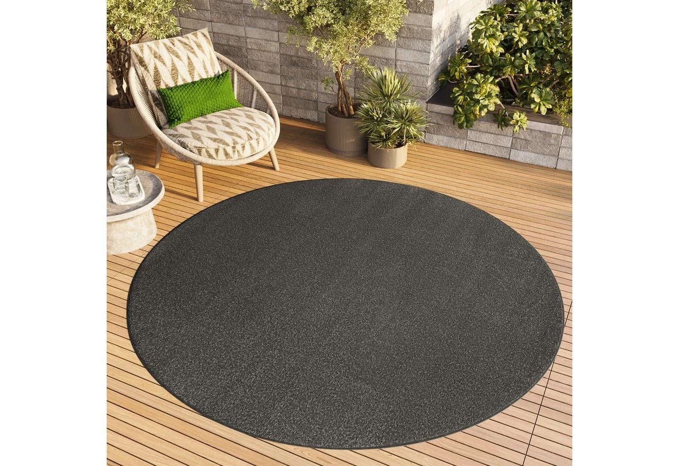 Tapiso Outdoorteppich MONO rund Dunkelgrau Kurzflor Indoor Outdoor