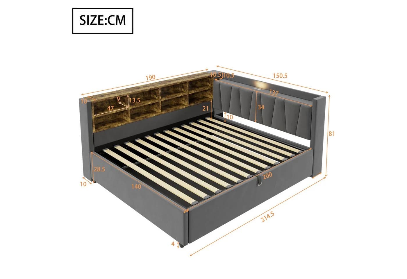 Celya Schlafsofa 140x200 cm mit Stauraum, USB-Anschluss & Nachtlicht Grau Samt
