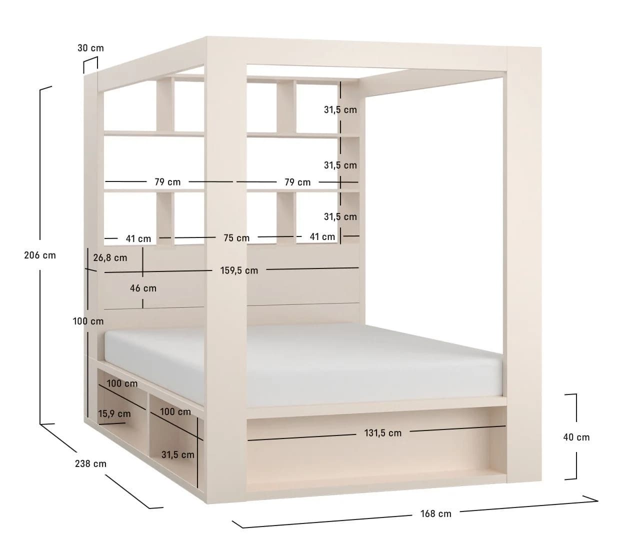 QMM TraumMöbel Himmelbett Calgary 160x200 sandbeige mit Bettkasten und Regal