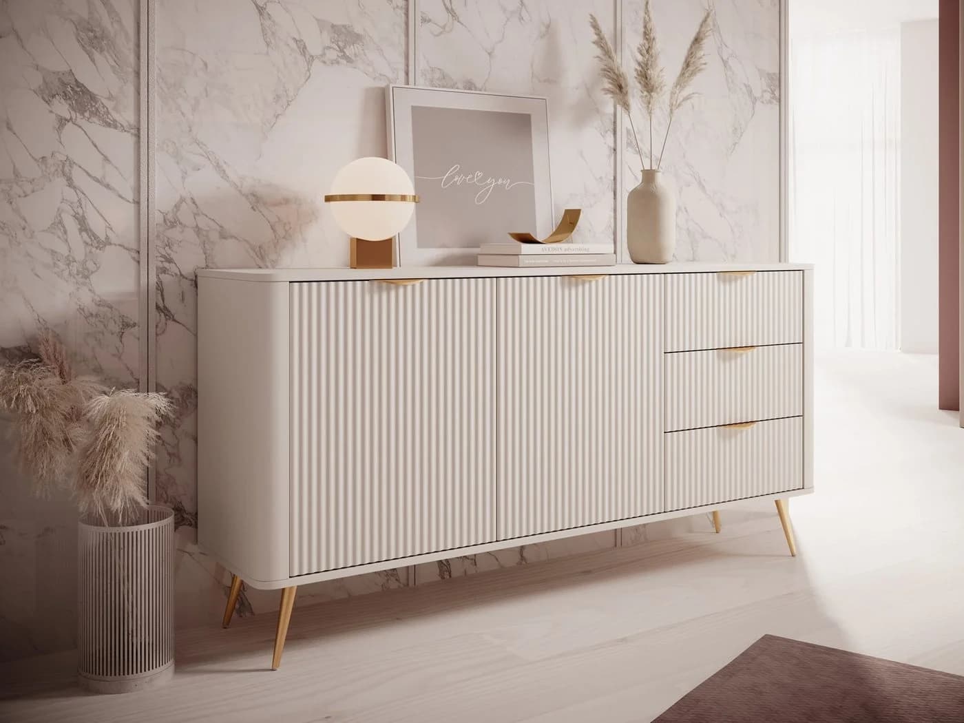 Compleo Kommode BELLO mit 3 Schubladen und 2 Türen Beige