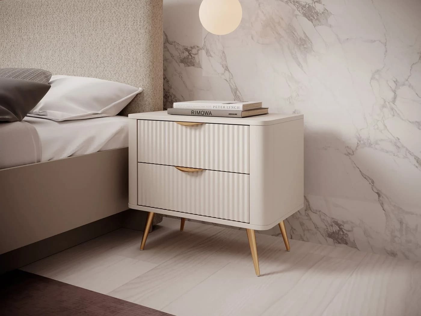 Compleo Nachttisch BELLO Lamellen Beige 2 Schubladen