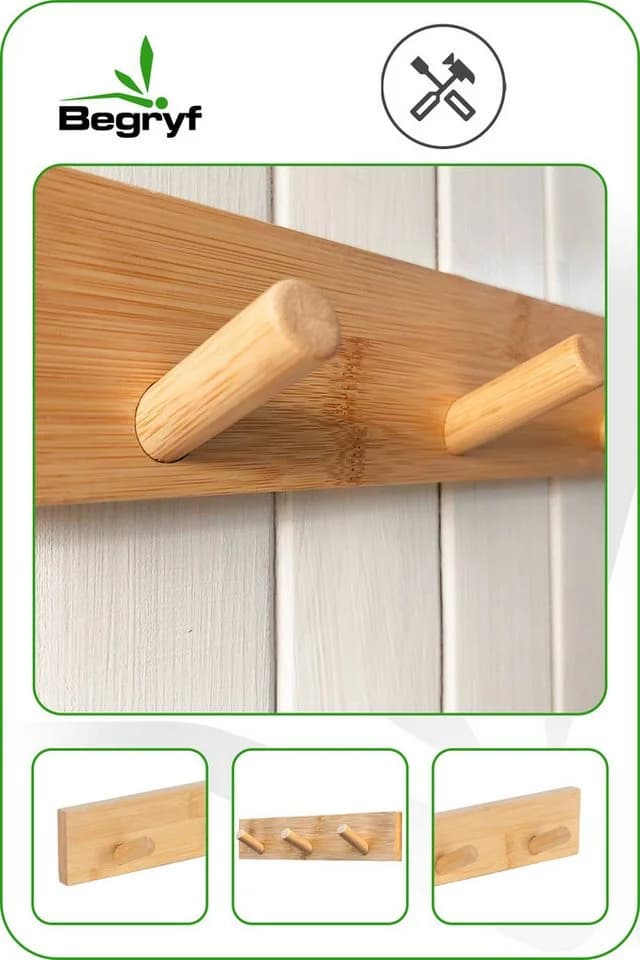 BEGRYF Hakenleiste Bambus Natur 5 Haken Wandmontage
