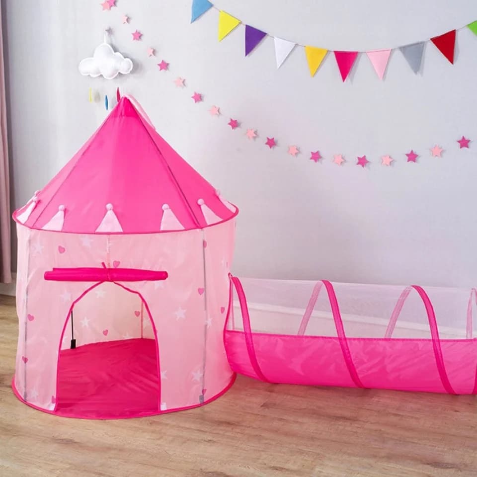 Rosa 3in1 Kinder Spielzelt Schloss mit Tunnel & Bällebad