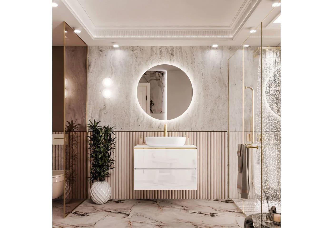 Lookway Badezimmerschrank AURORA GOLD Weiß/Gold Hochglanz mit Schubladen