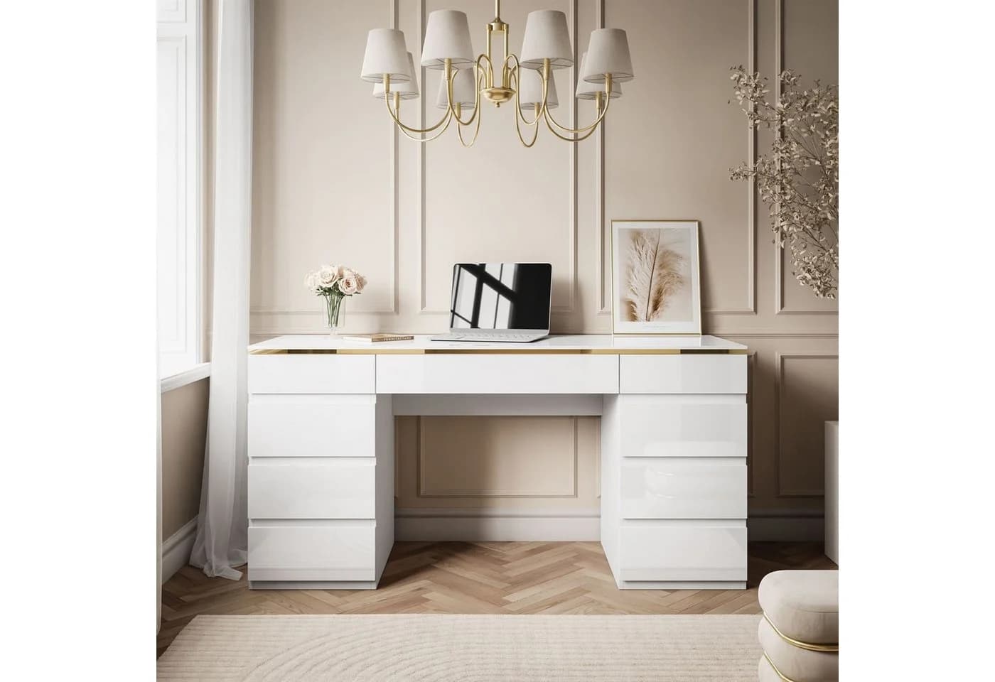 Lookway Schreibtisch AURORA DOUBLE GOLD Weiß Hochglanz mit Schubladen