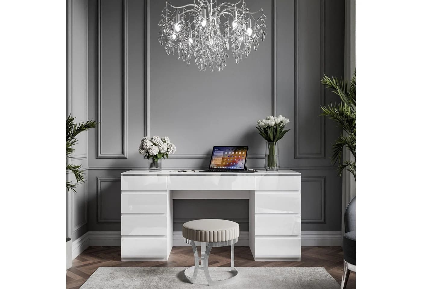 Lookway Schreibtisch AURORA DOUBLE Weiß Silber mit Schubladen