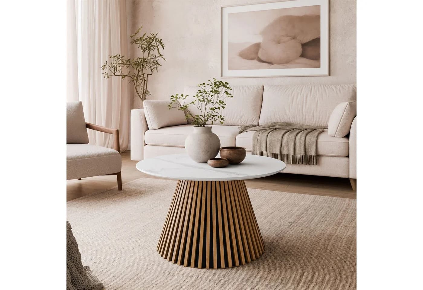 Lookway Couchtisch MISTY mit Lamellenbasis Weißer Marmor