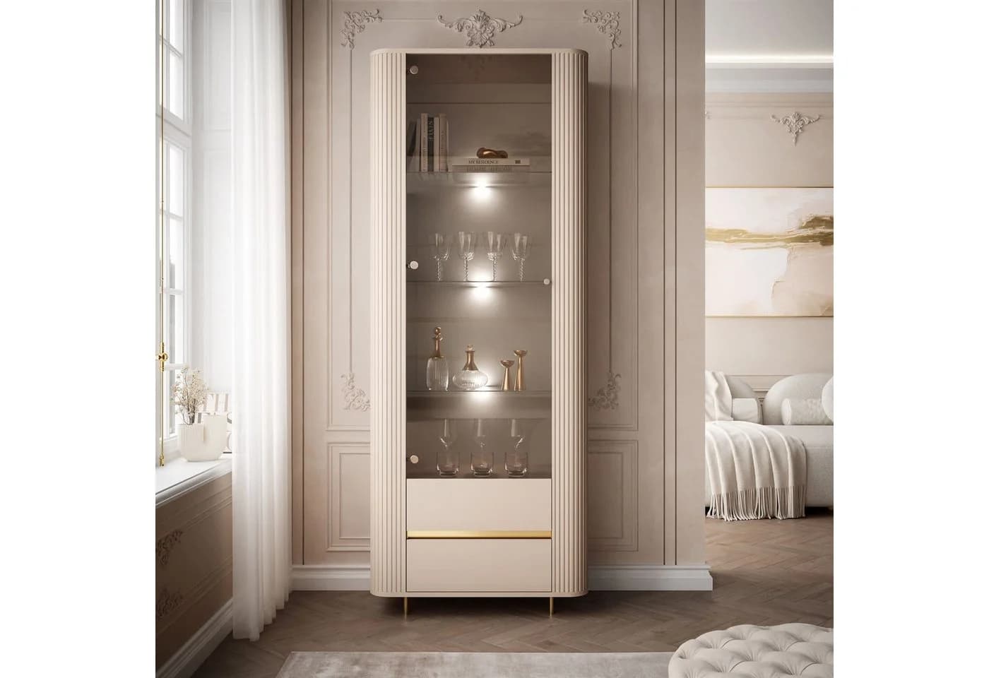Lookway Glasvitrine MIRAGE GOLD Sandbeige mit LED-Beleuchtung