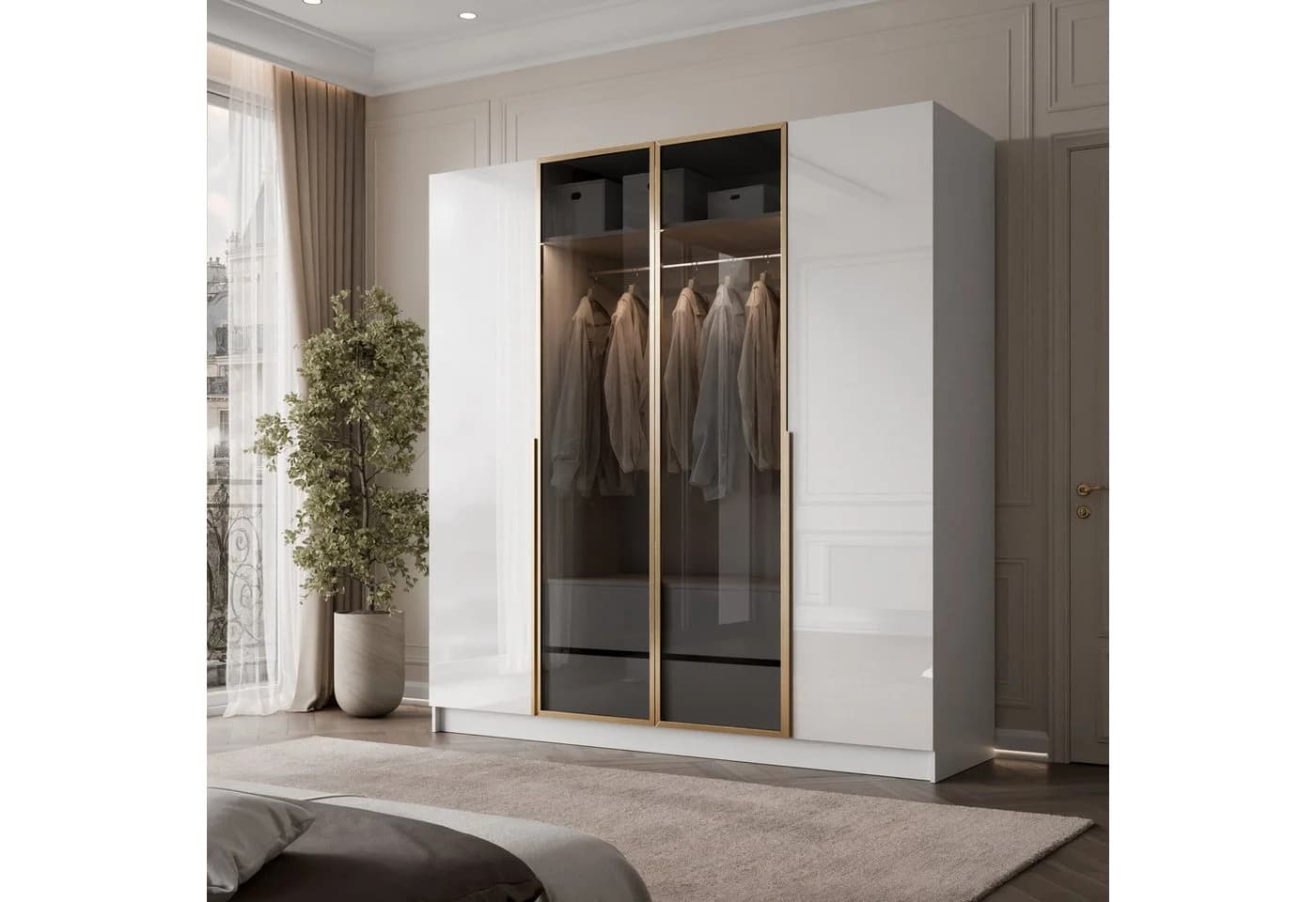 Lookway Kleiderschrank ATRIUM Weiß Hochglanz Gold Akzente