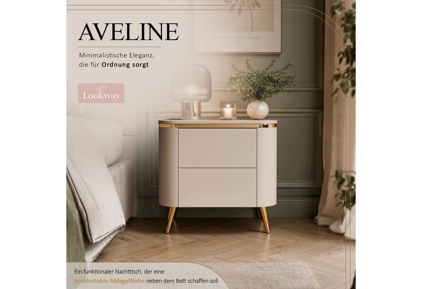AVELINE Nachttisch mit schrägen Beinen und abgerundeten Seiten
