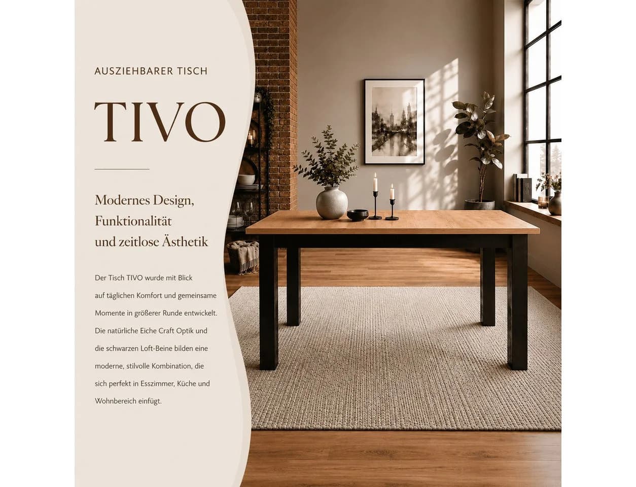 Lookway Esstisch TIVO ausziehbar 120-160 cm Craft-Eiche/Schwarz