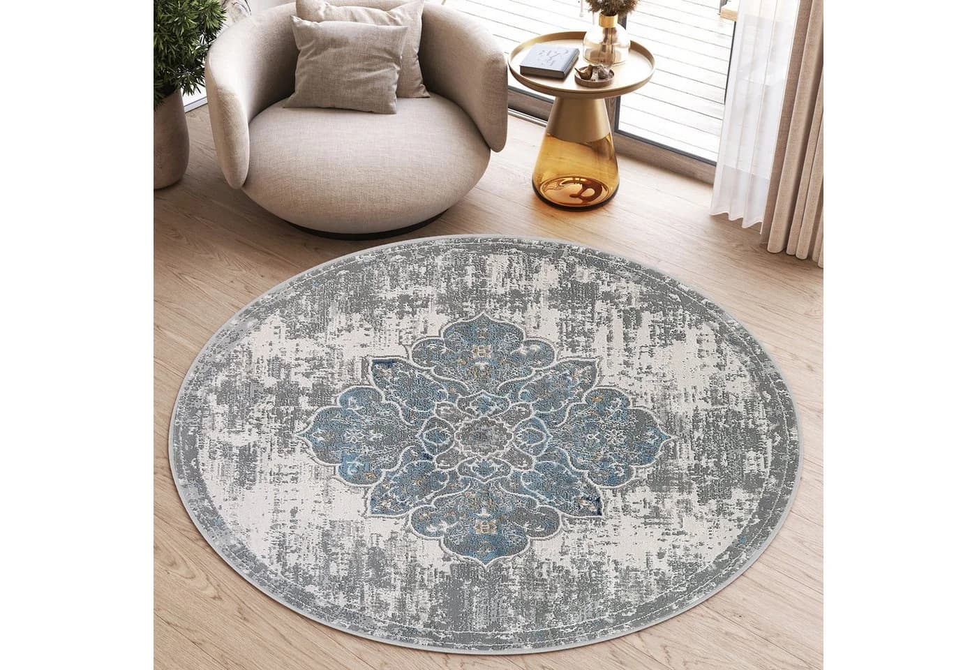 Tapiso Teppich VALLEY Rund Vintage Weiß Blau Kurzflor