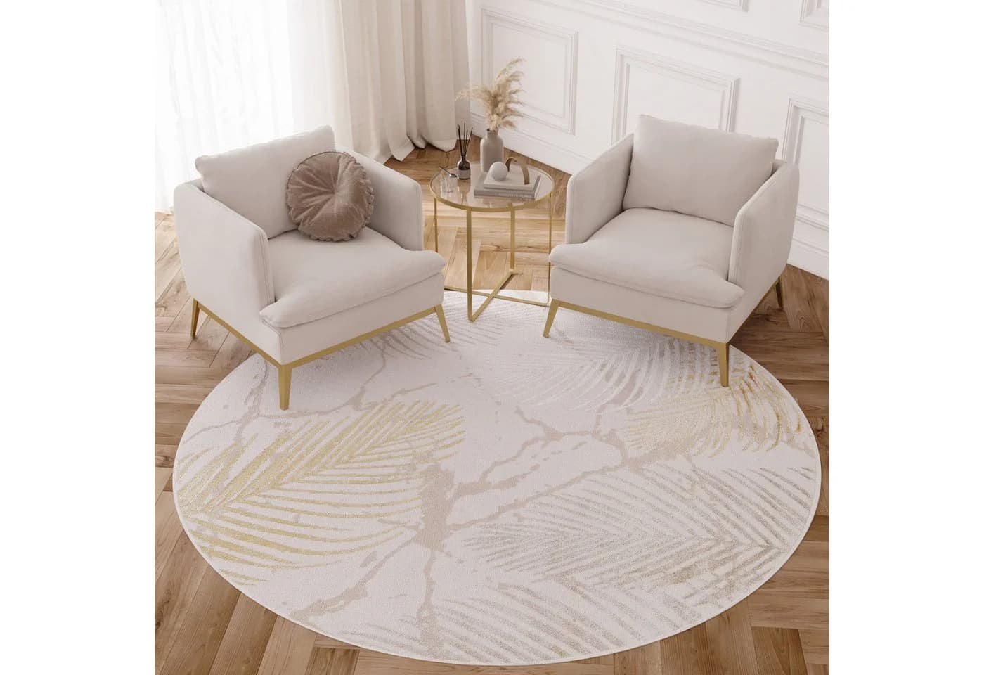 Tapiso Teppich CRYSTAL Rund Modern Design Creme Gold