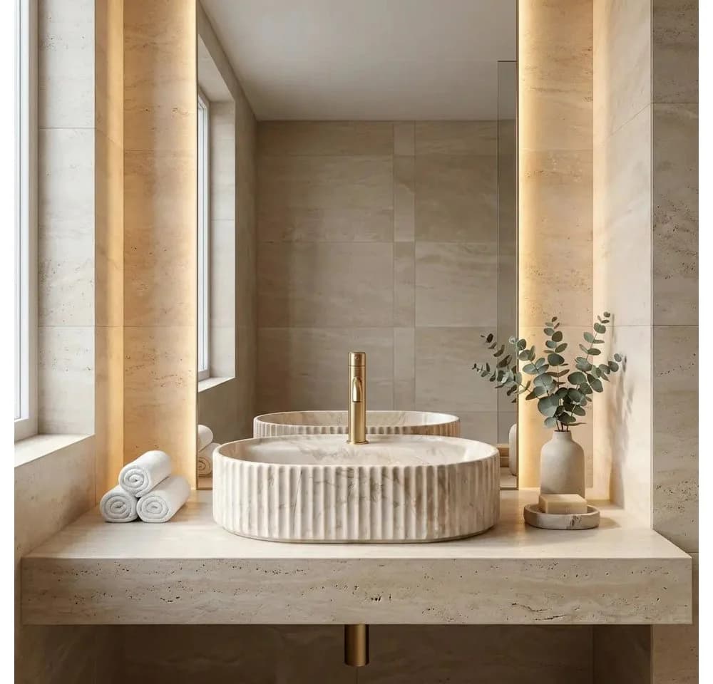 wohnwerk.idee Aufsatzwaschbecken oval geriffelt Keramik Design