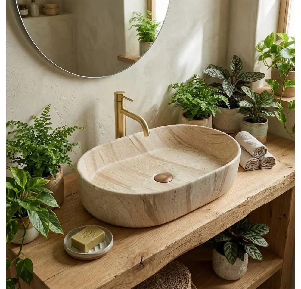 wohnwerk.idee Aufsatzwaschbecken Beige Oval Steinoptik