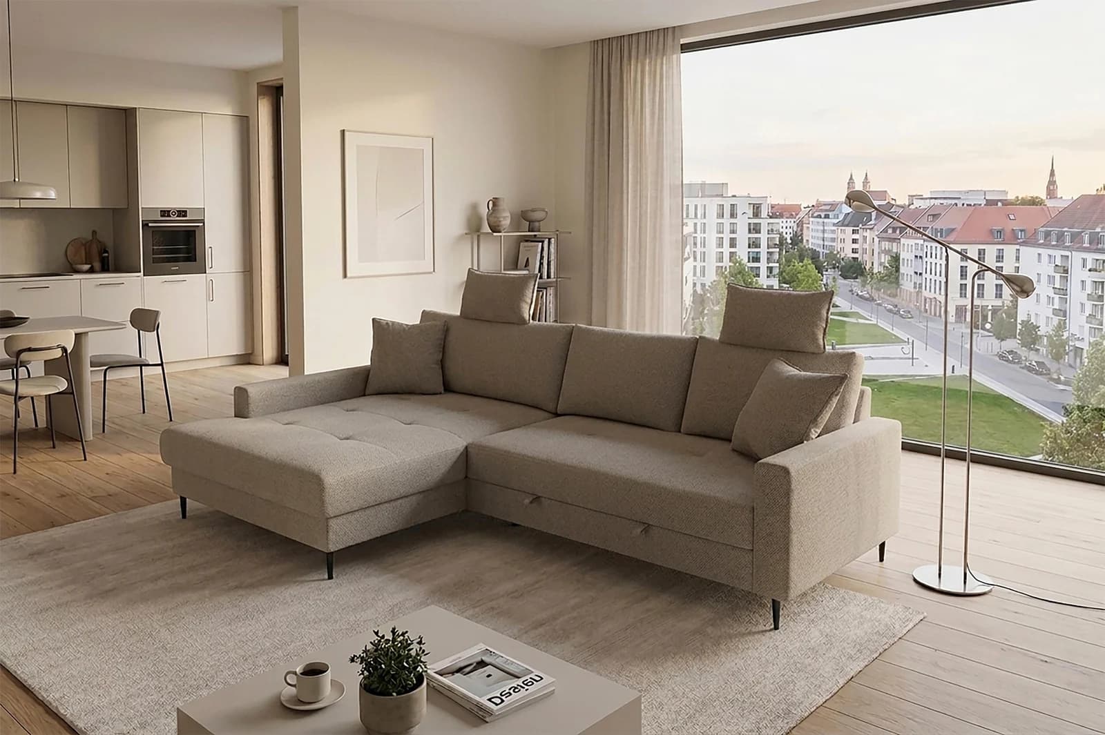Ecksofa Summer L-Form mit Schlaffunktion und Kopfstützen beige