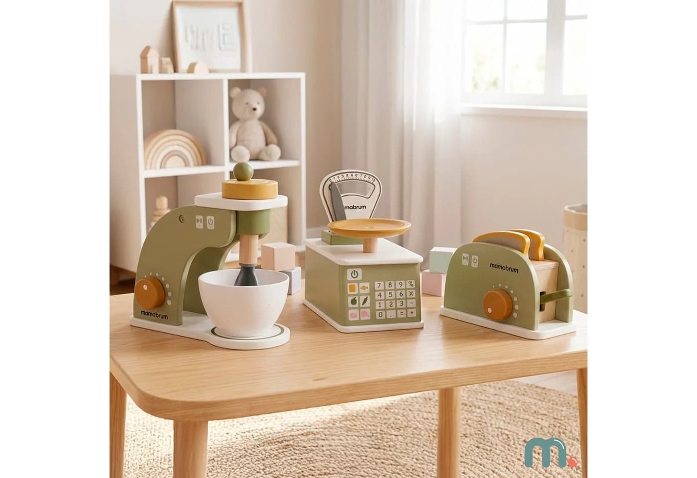 Mamabrum Holz Küchen Set Kinder Mixer Toaster Waage Spielzeug