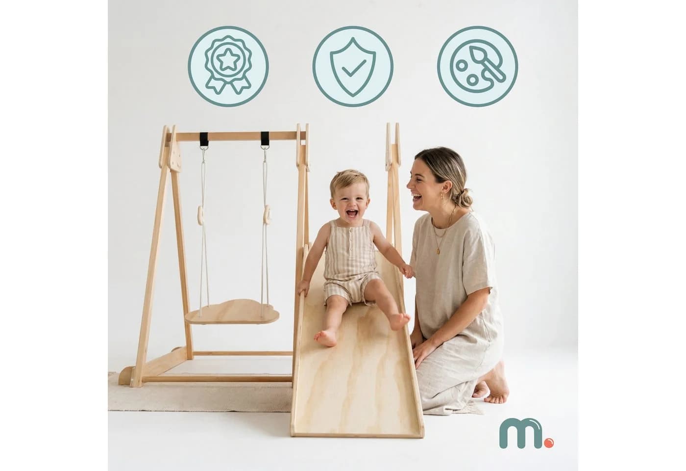 Mamabrum Indoor Spielplatz Holz mit Rutsche, Schaukel & Kletterwand