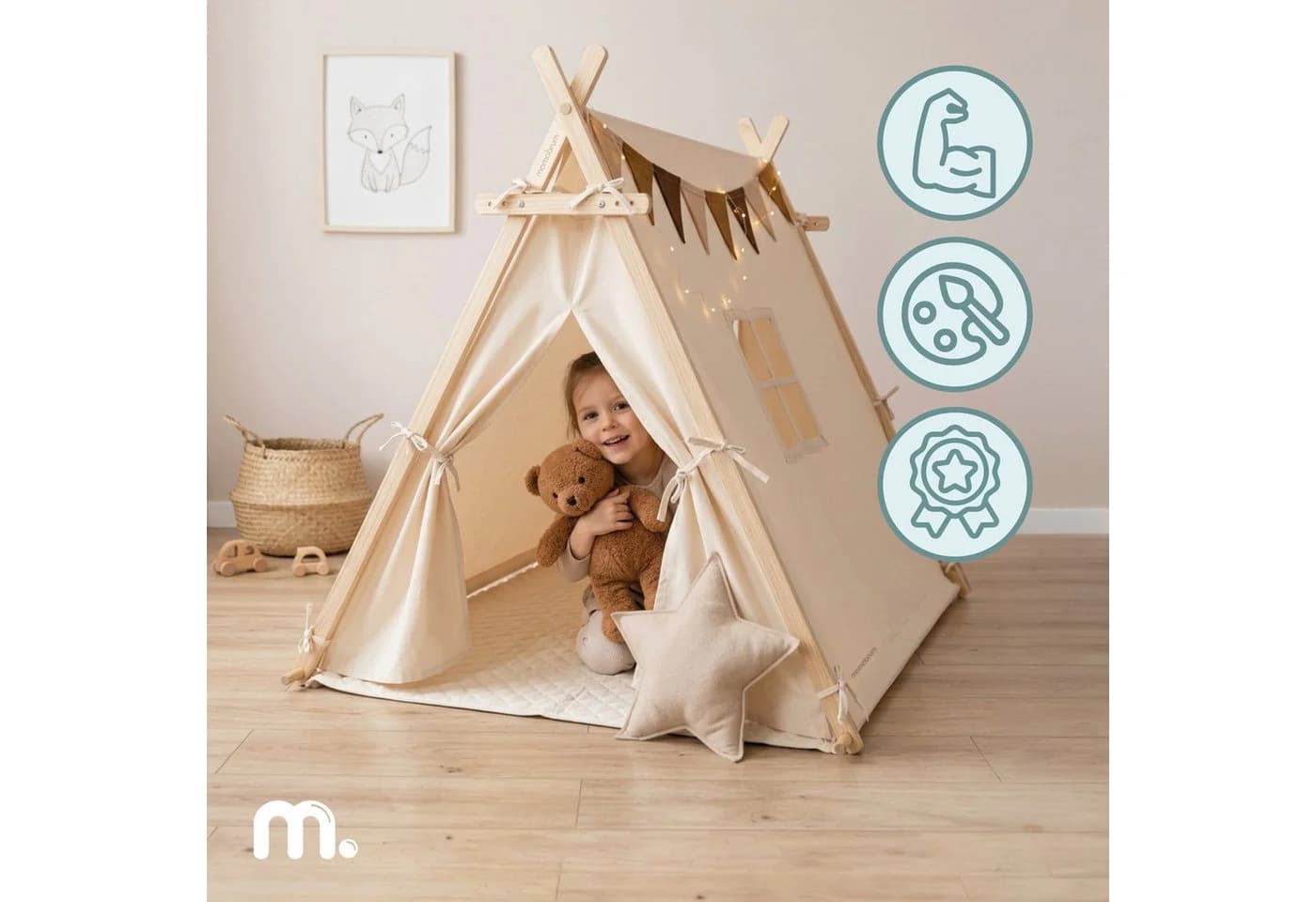 Mamabrum Tipi Zelt für Kinder mit Kiefernholzgestell und Zubehör