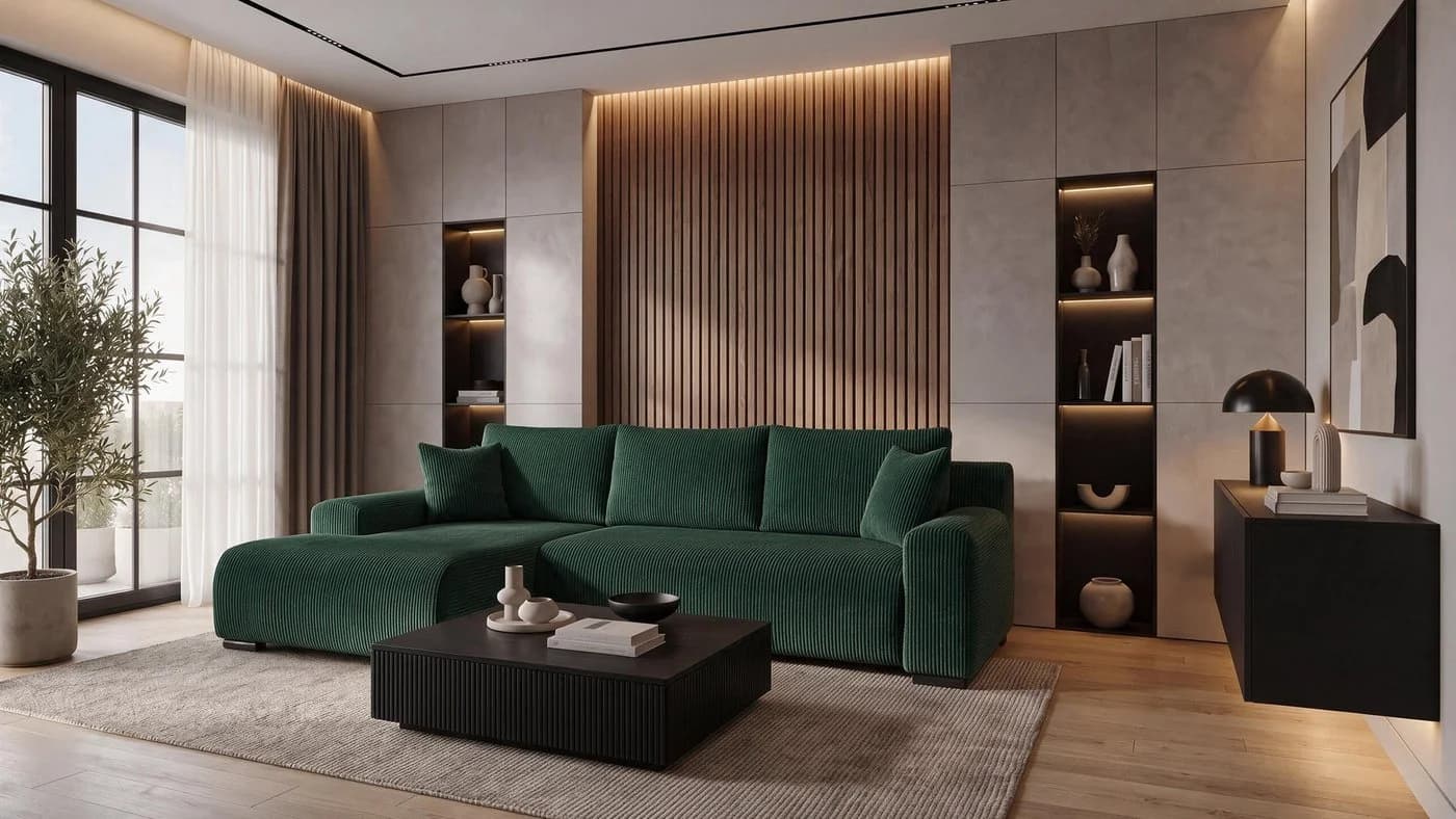 storez24 Ecksofa Soffe mit Schlaffunktion und Bettkasten, Cordstoff Grün