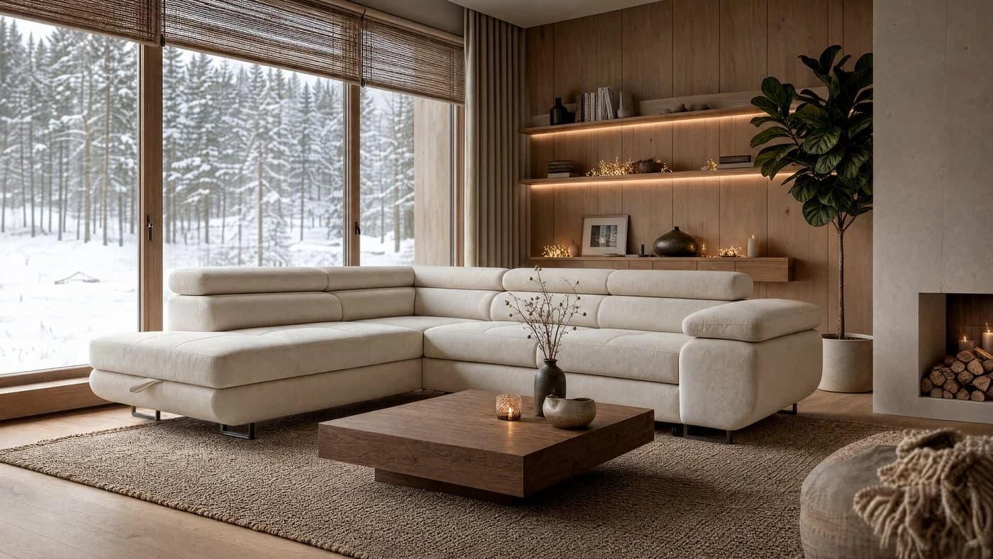 storez24 Ecksofa Velmo Beige mit Schlaffunktion und Bettkasten