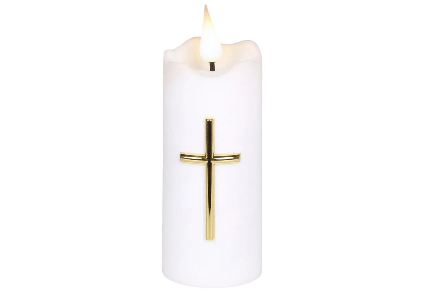 Sarcia.eu LED-Kerze Weiß mit Kreuz, Flammeneffekt und Batterien, 13 cm