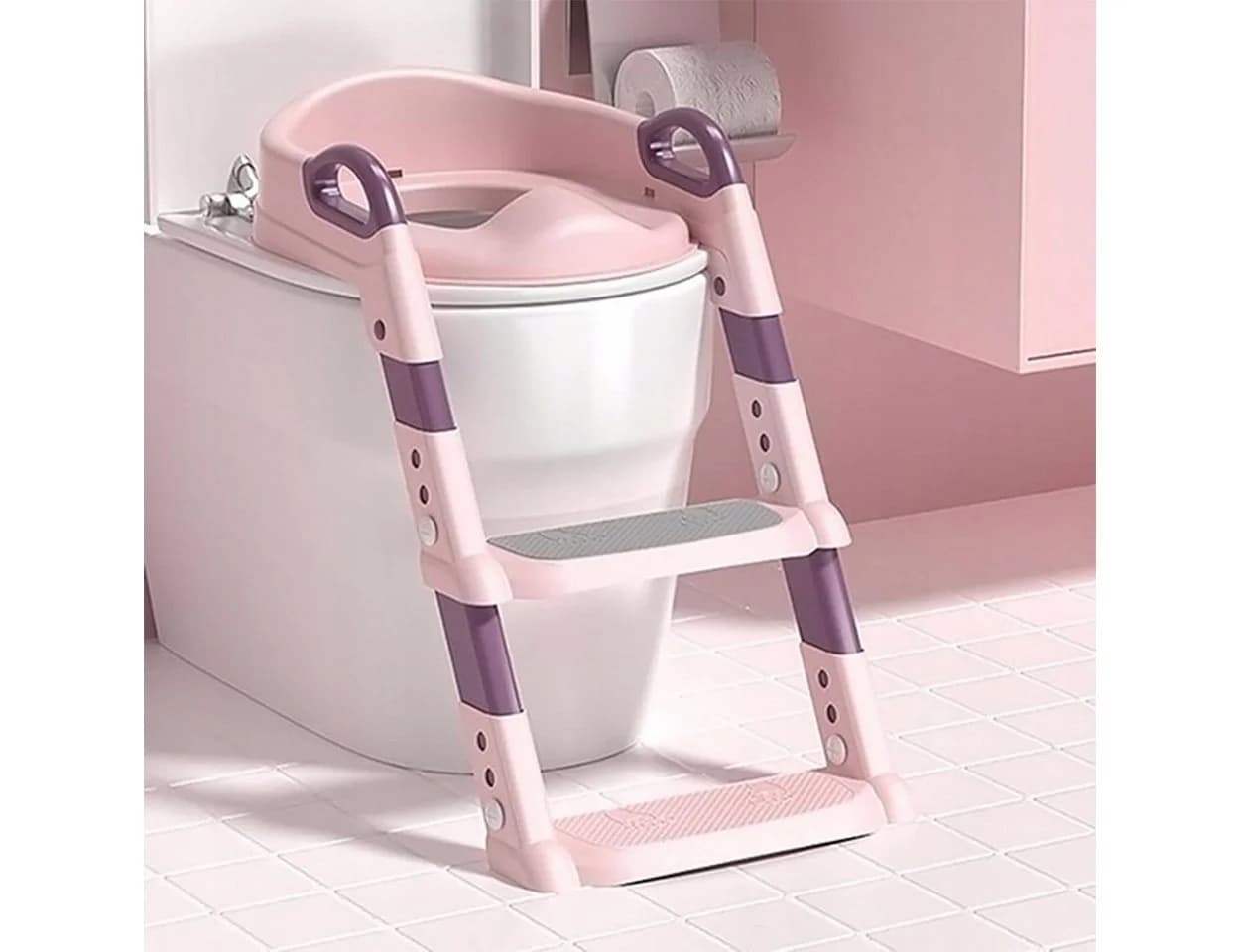 Hard-er Baby-Toilettensitz Rosa mit verstellbarer Stufenleiter und Rückenstütze