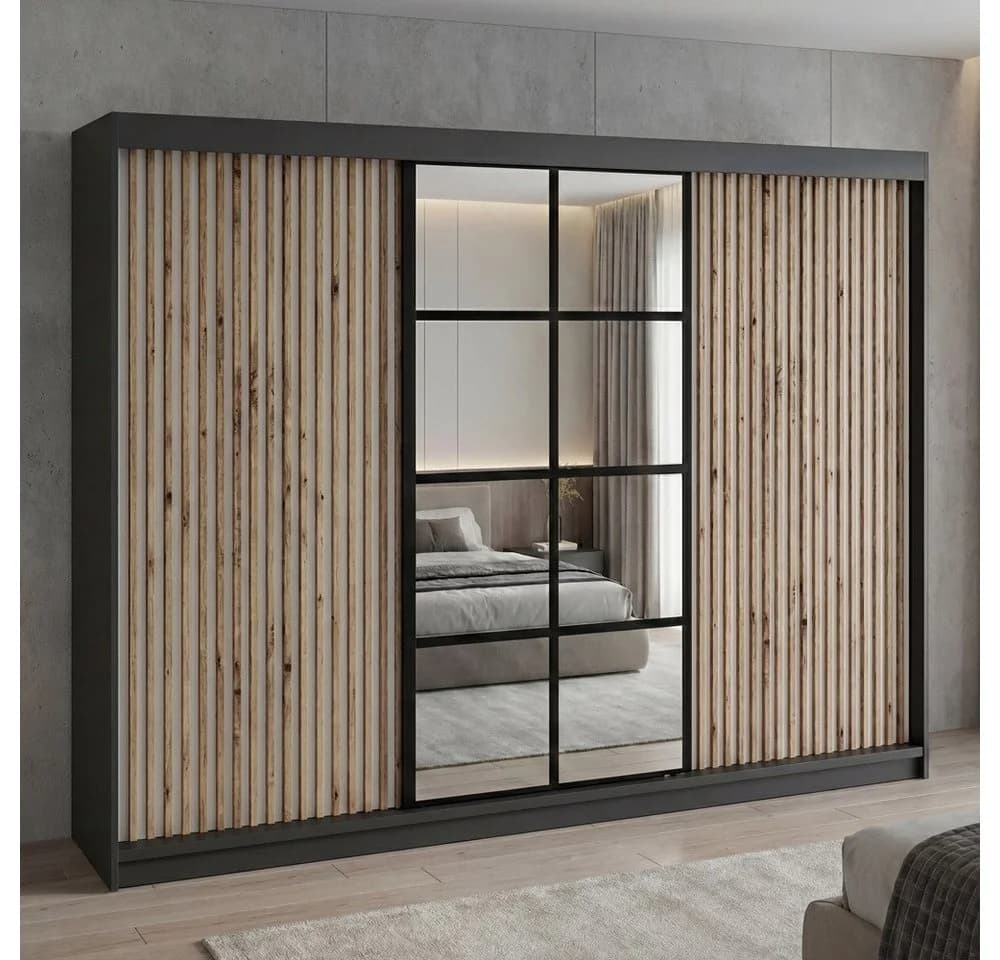A&J MöbelLand NORIVO Schiebetürenschrank 200 cm Schwarz 3D-Lamellen Spiegelfront