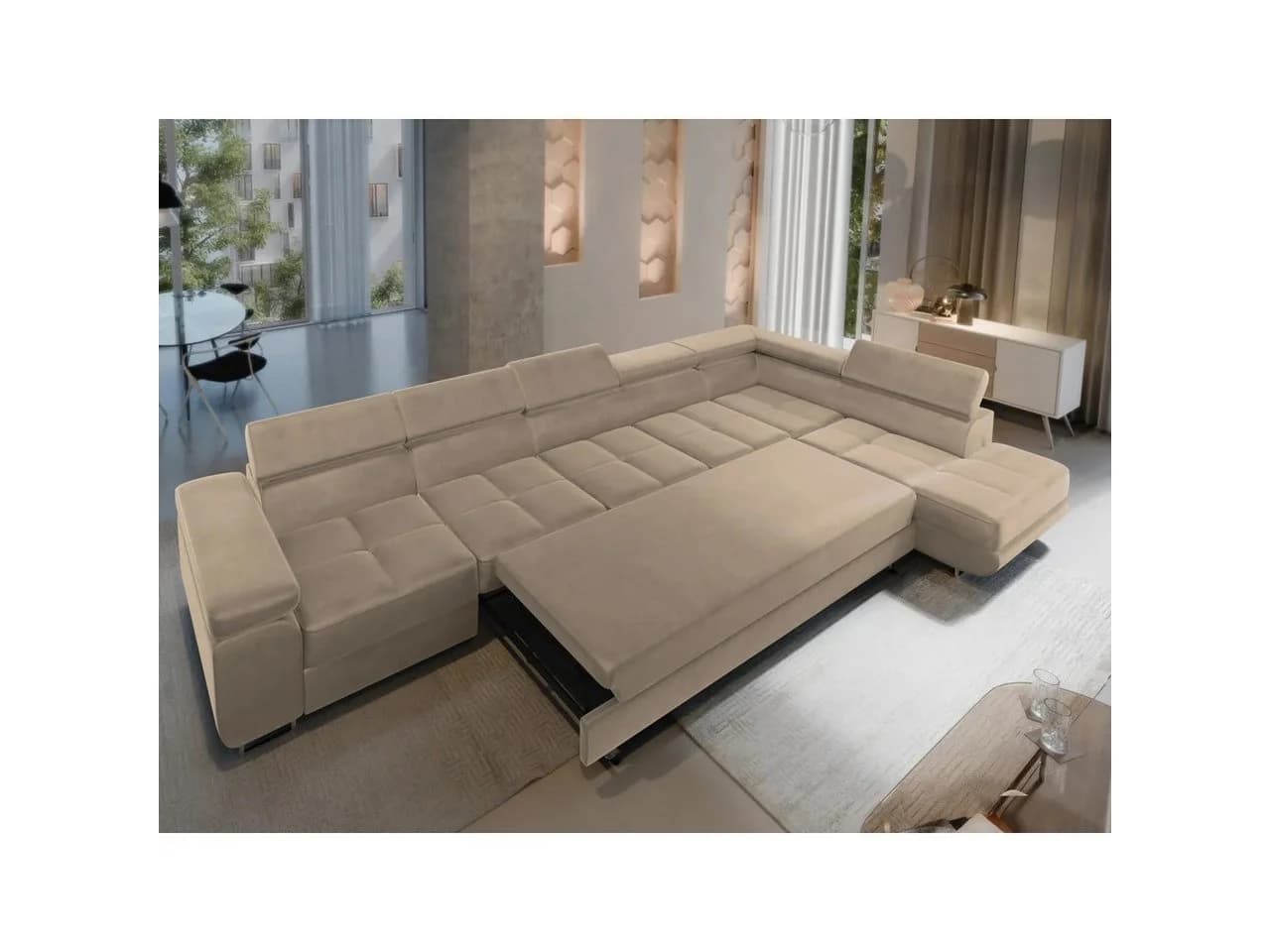Muffo Ecksofa WILD XXL mit Bettkasten und verstellbaren Kopfstützen Beige