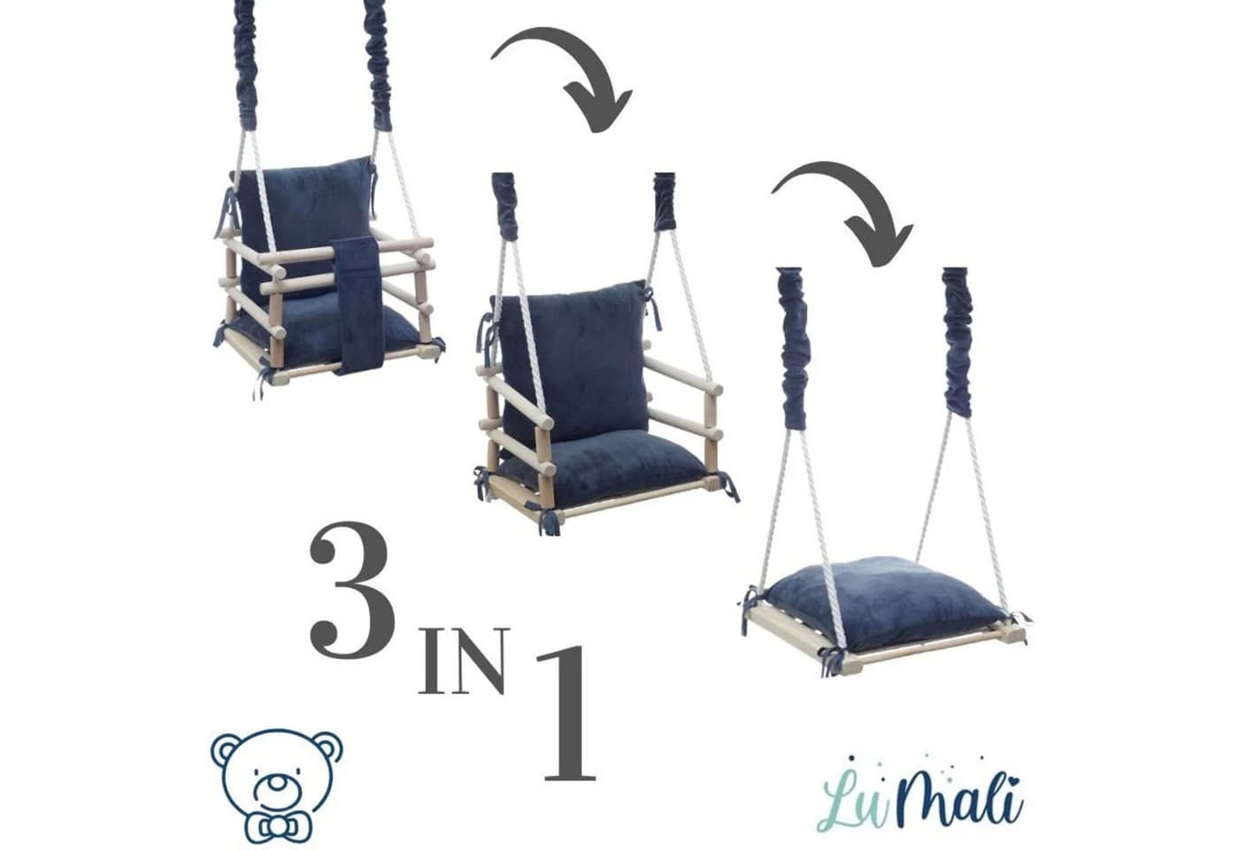 LuMali Babyschaukel 3in1 aus Naturholz Kiefer mit Sicherheitsgurt