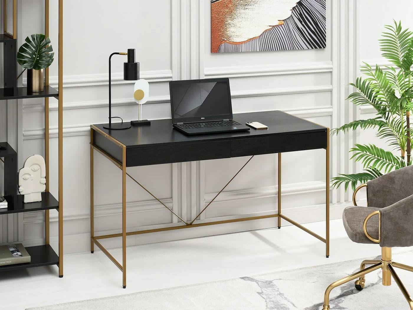 Compleo Schreibtisch Modern Schwarz Gold 2 Schubladen
