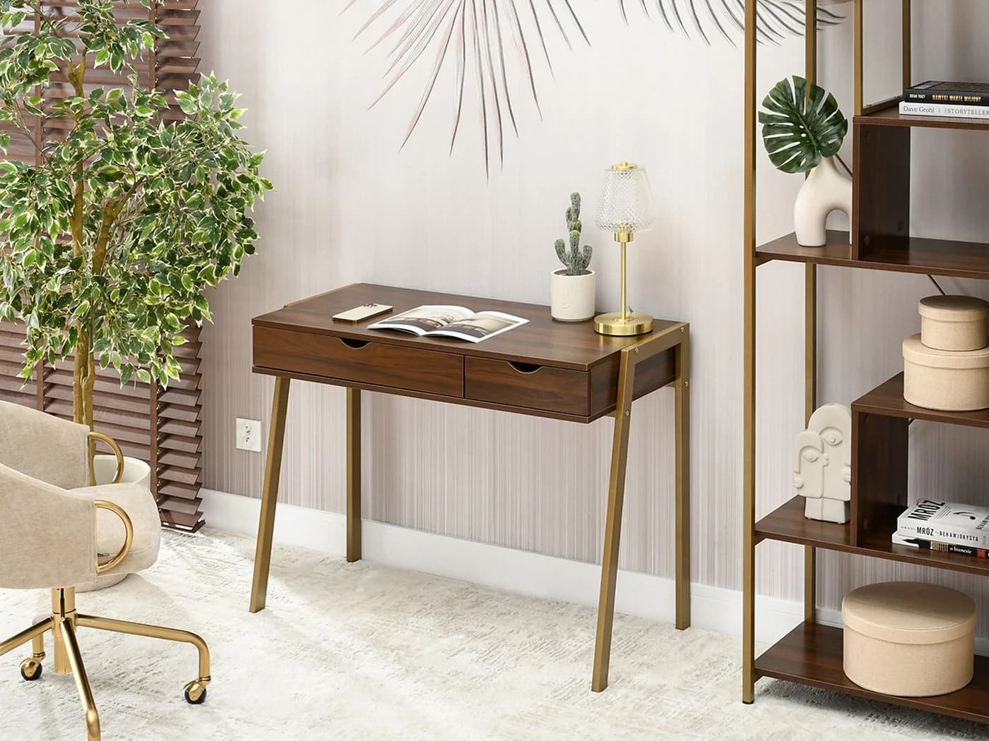 Compleo Schreibtisch LUNDS Modern mit 2 Schubladen Braun/Gold