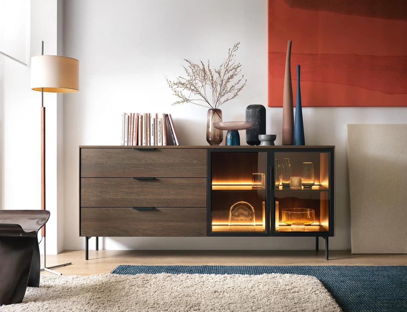 Compleo Schubkastenkommode MARBELA Modern mit Glasfront und LED