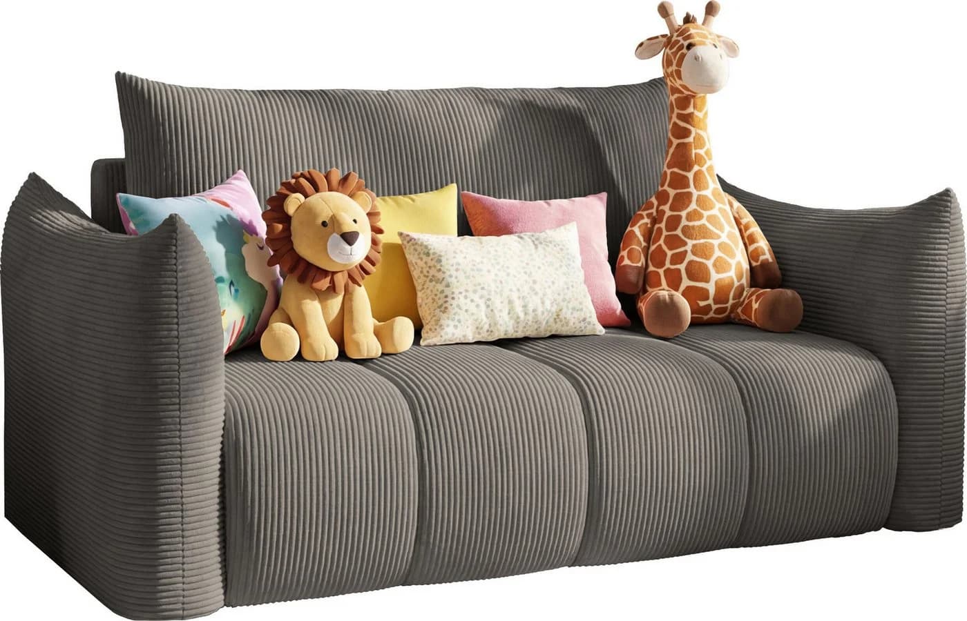 WFL GROUP Kindersofa Lilo Grau Cord mit Schlaffunktion & Bettkasten
