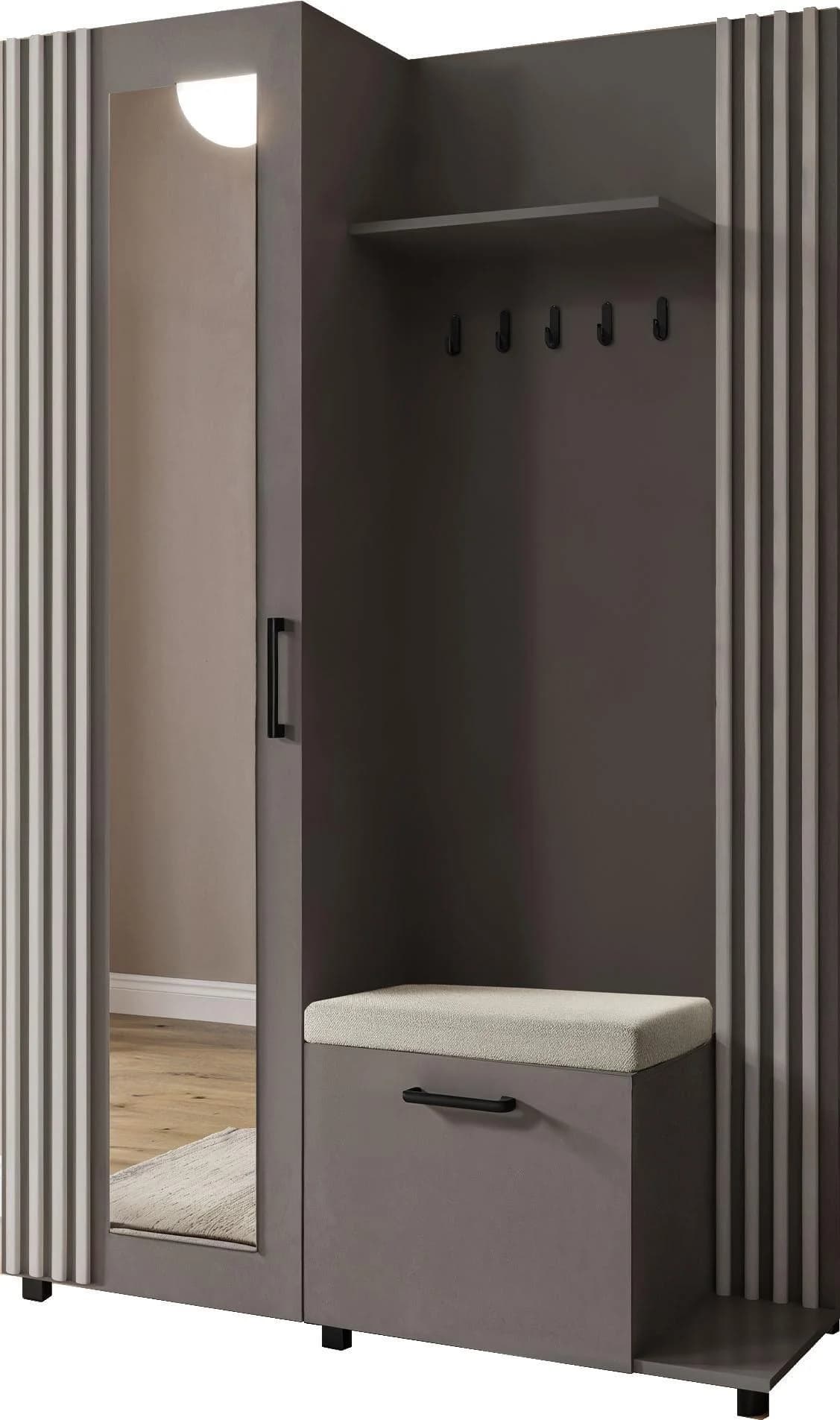 GARDEROBE Linaro mit Spiegel und Sitzbank Grau